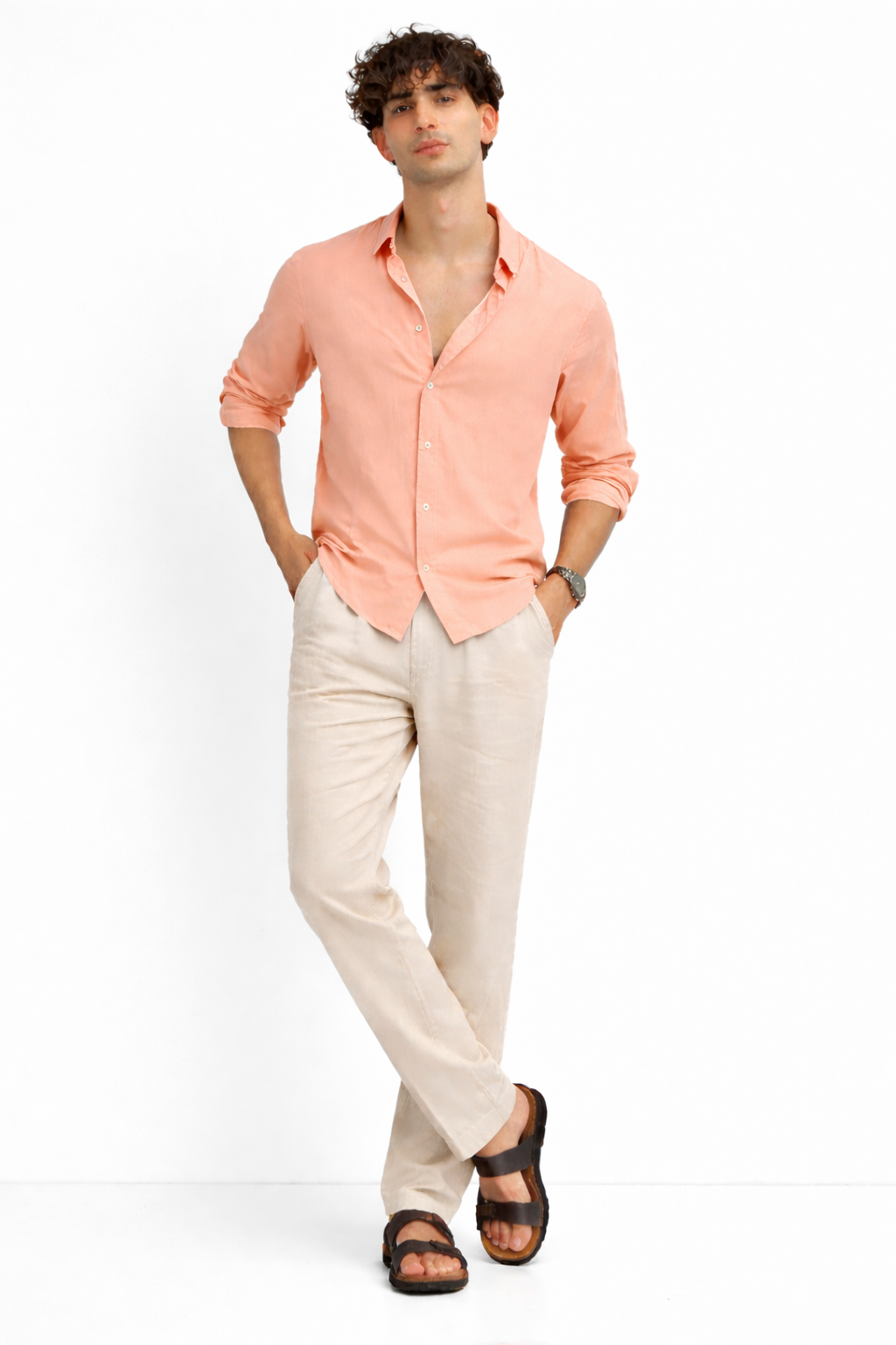 Peach Shirt & Beige Pant Set