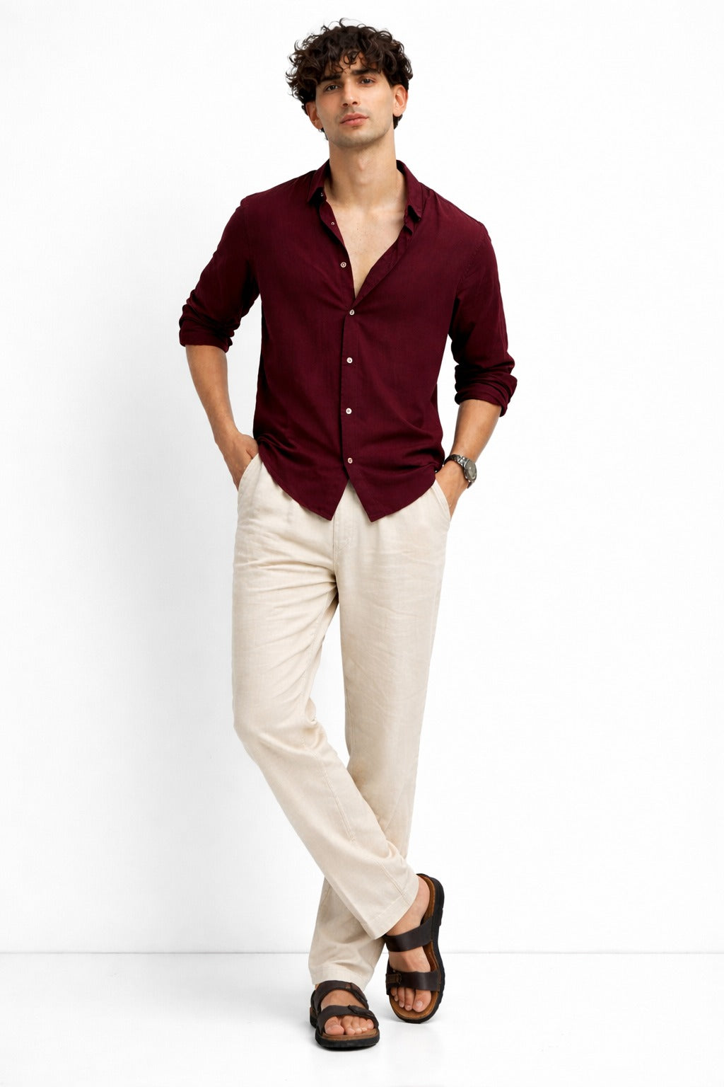 Mahroon Shirt & Beige Pant Set